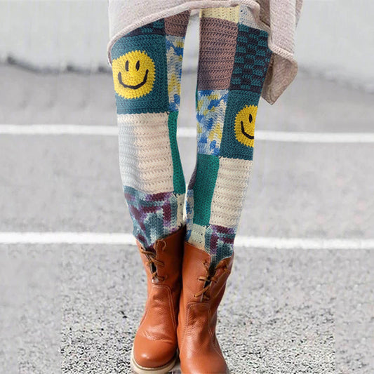Vintage Smiley Face Knit Patchwork Comfy Leggings elevenforest