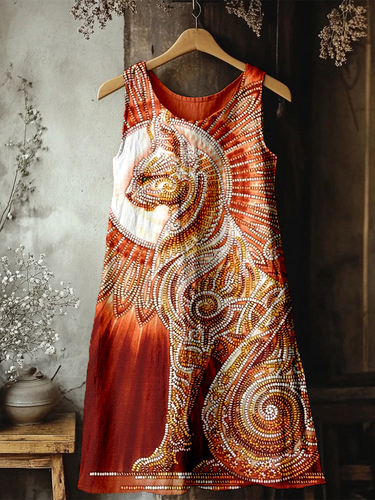 Egyptian Cat Goddess Bast Bead Embroidered Linen Midi Dress elevenforest