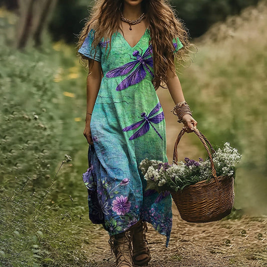 Women's Dragonfly Floral Print V-neck Loose Midi Dress artswardrobe