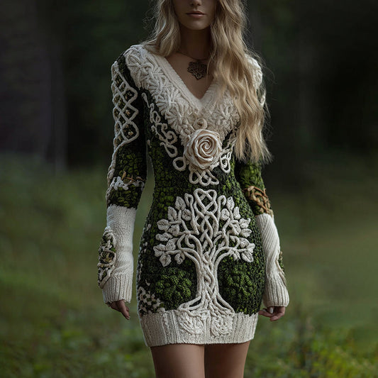 Women's Viking Celtic Tree Of Life With Rose Art Cozy Knit V Neck Mini Sweater Dress artswardrobe