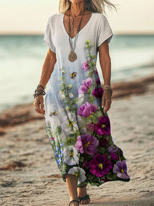 Women's Floral Embroidered Linen Blend Vintage Dress artswardrobe