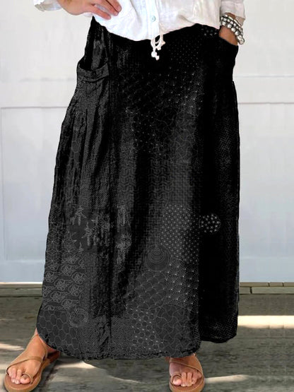 Comstylish Japanese Traditional Sashiko Art Linen Blend Pocket Half Skirt