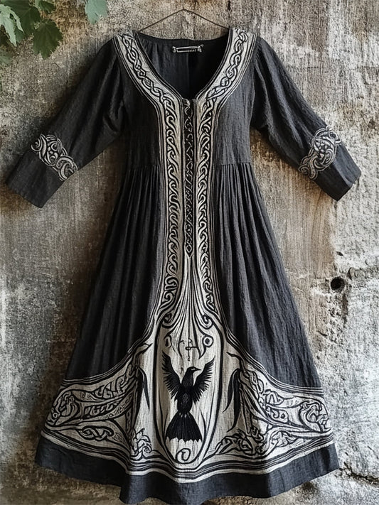 Vintage Raven Viking Celtic Contrast Linen Maxi Dress artswardrobe