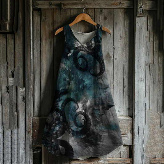 Japanese Octopus Gradient Art Linen Tank Dress artswardrobe