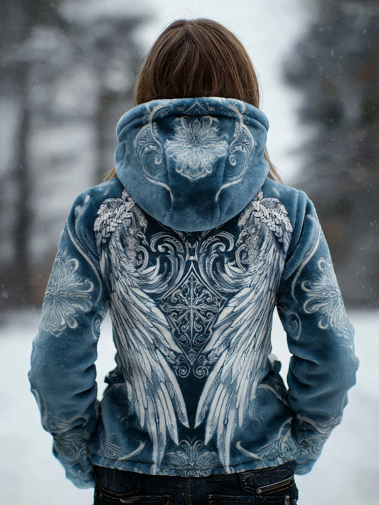 Comstylish Vintage Angel Wings Pattern Cozy Plush Hoodie