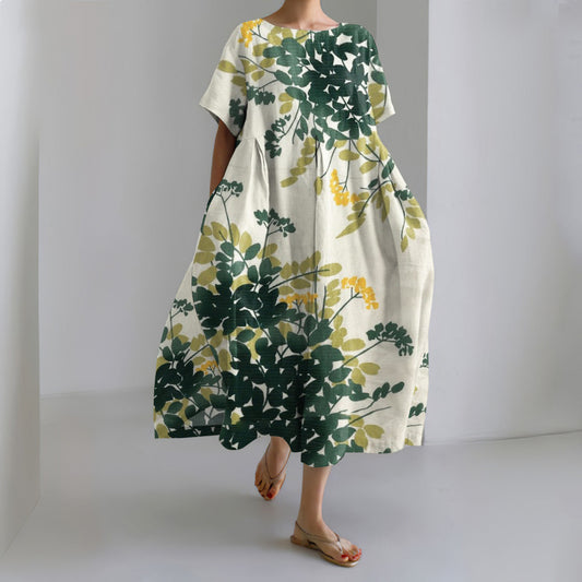 Comstylish Japanese Art Flower Print Round Neck Loose Midi Dress