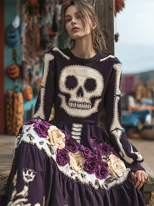 Comstylish Halloween Skull & Floral Art Women's Long-sleeve Maxi Dress