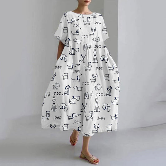 Comstylish Cute Dogs Art Print Casual Short Sleeve Midi Dress