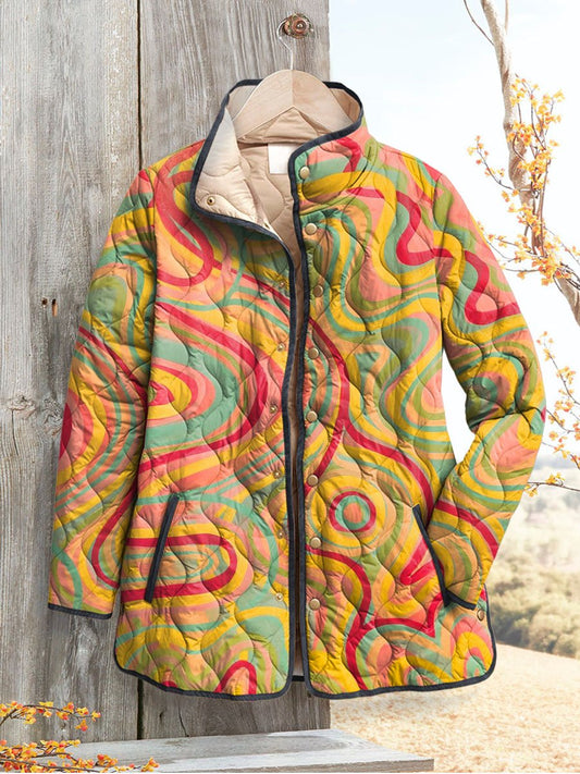 Women's Vintage Striped Art Print Casual Quilted Cardigan