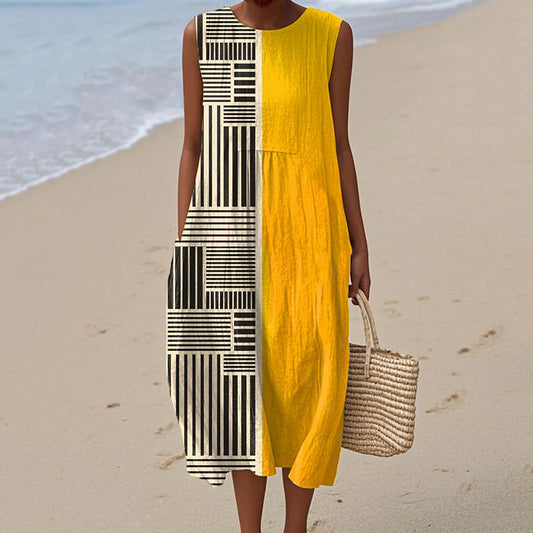 Women's Retro Abstract Geometric Print Sleeveless Dress artswardrobe