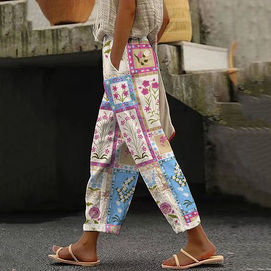 Comstylish Women's Retro Geometric Floral Art Cotton And Linen Casual Pants