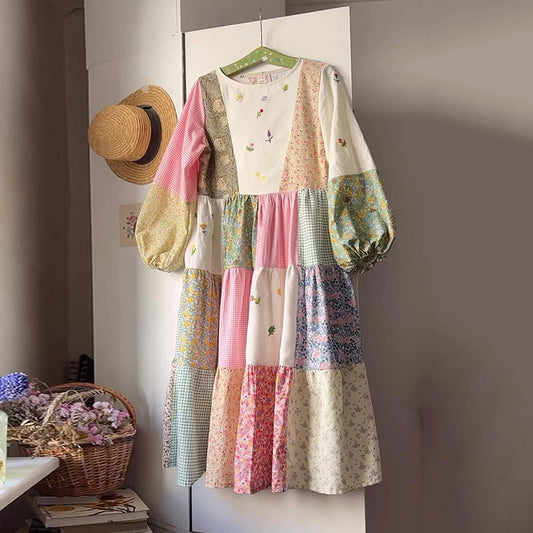 Women's Vintage Bohemian Floral Patch Comfort Dress artswardrobe