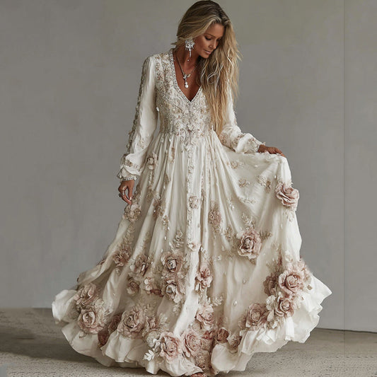 Comstylish Women's Vintage Roses Art Print V-neck Long Sleeve Maxi Dress