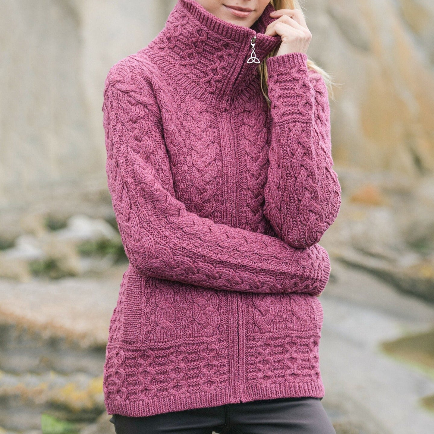 Women's Clan Pattern Zip Turtleneck Aran Sweater Cardigan elevenforest