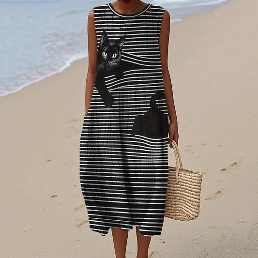 Cute Black Cat Stripe Art Pattern Linen Tank Dress artswardrobe