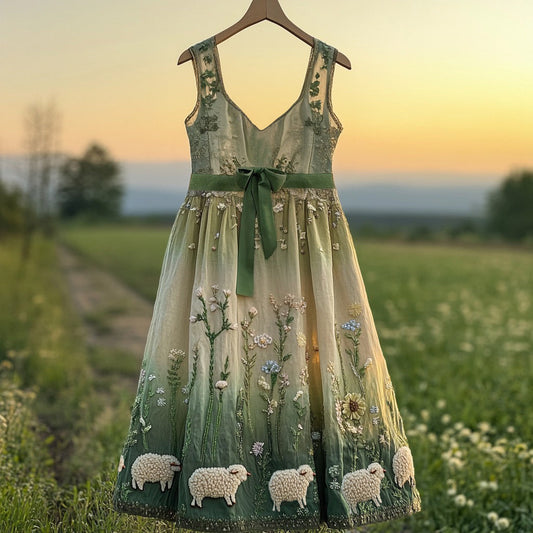 Women's Vintage Sheep And Grass Design Mini Dress artswardrobe