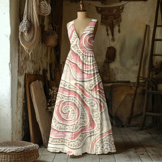 Vintage Floral Embroidered V Neck Linen Maxi Dress artswardrobe