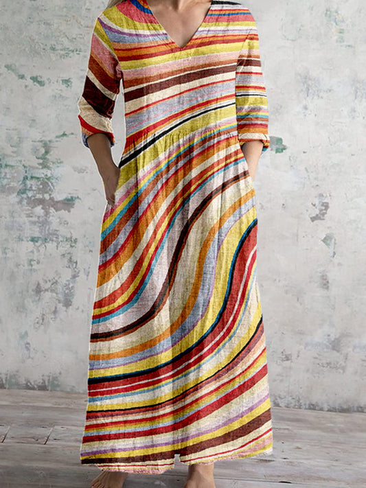 Colorful Abstract Lines Art Pattern Linen Maxi Dress artswardrobe