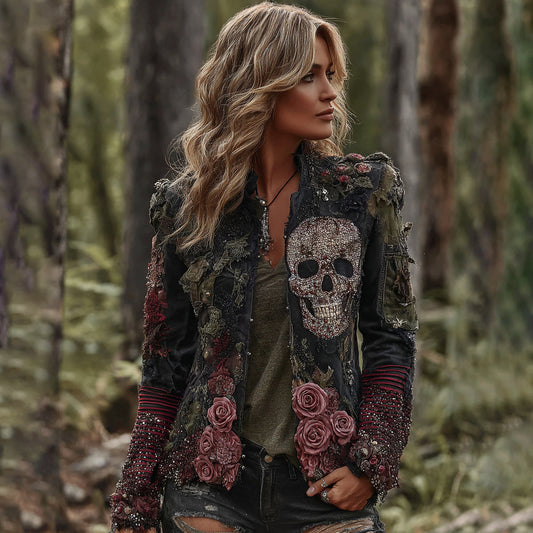 Comstylish Rose Skull Embroidered Gothic Rough-contrast Denim Jacket