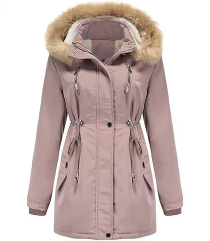LM | long coat with faux fur hood and fleece lining