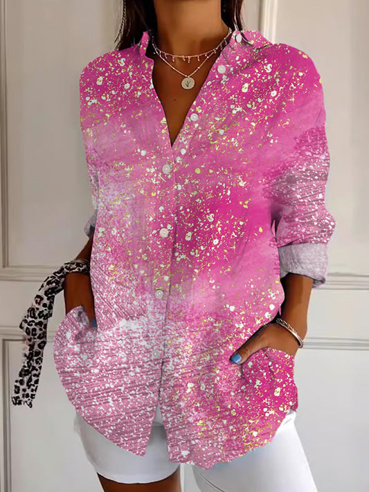 Comstylish Women's Casual Retro Art Pink Gradient Shirt