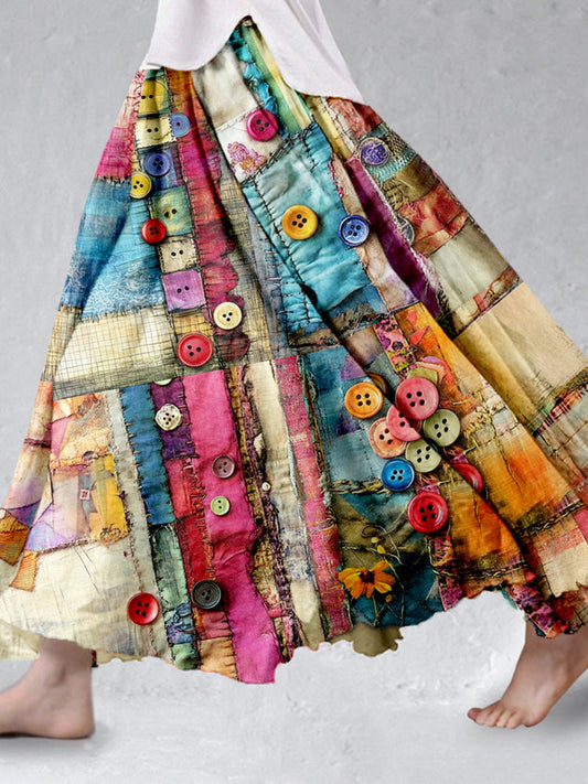 Colorful Boho Patchwork Flowy Linen Blend Wide Skirt artswardrobe