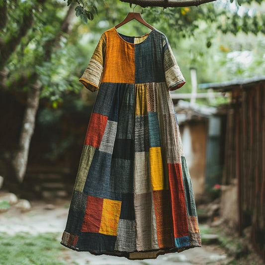 Vintage Color Block Linen Blend Midi Dress artswardrobe