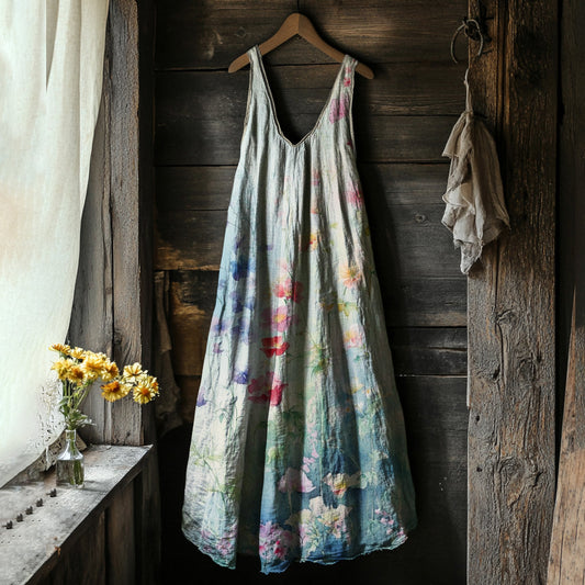 Comstylish Vintage Floral Painting Art Linen Comfy Tank Dress