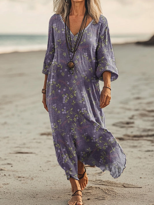 Women's Vintage Floral Art Print Pocket Cotton Dress