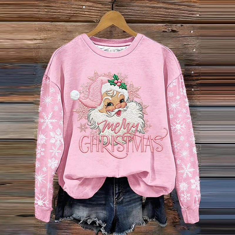 Comstylish Women's Christmas Pink Santa Claus Print Crew Neck Long Sleeve Sweatshirt