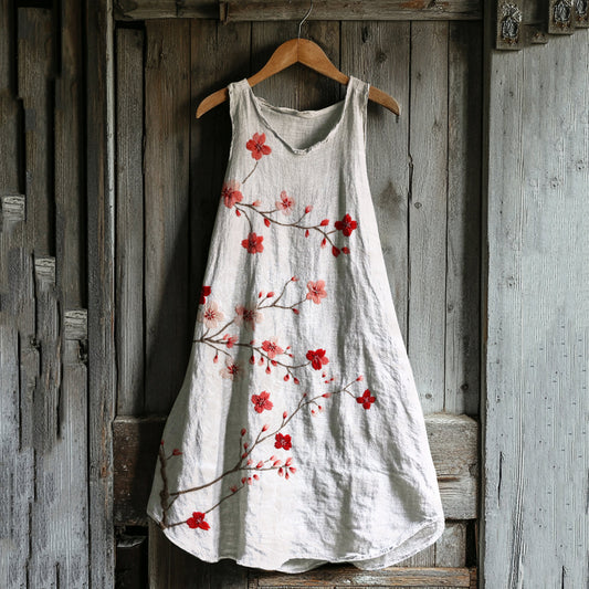 Comstylish Vintage Cherry Blossom Art Linen Blend Tank Dress