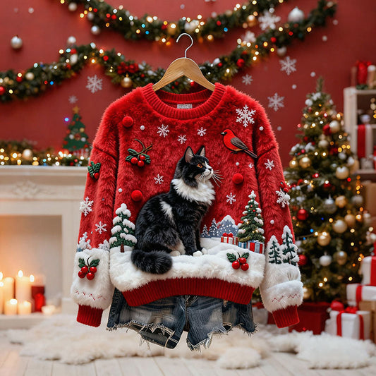 Comstylish Women's Christmas Cat-themed Plush Sweater