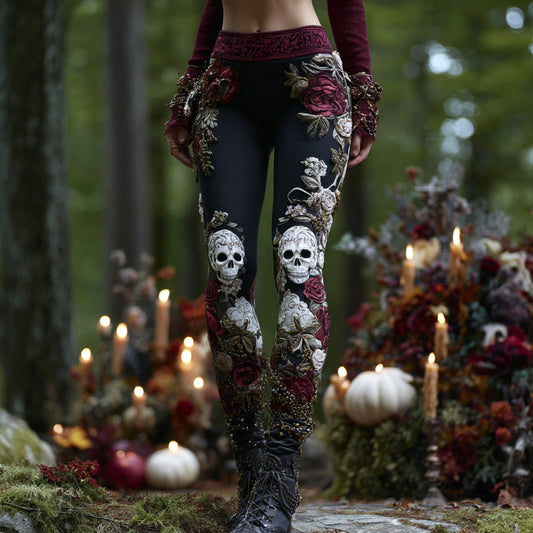Comstylish Women's Vintage Rose Skull Art Comfort Leggings