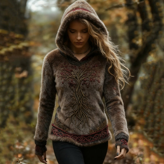 Comstylish Women's Vintage Viking Tree Of Life Pattern Plush Cozy Hoodie