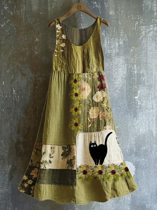 Comstylish Women's Japanese Art Embroidery Floral Cat Print Dress