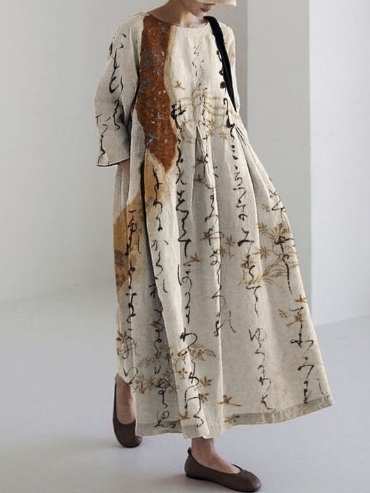 Comstylish Japanese Calligraphy Art Linen Blend Maxi Dress