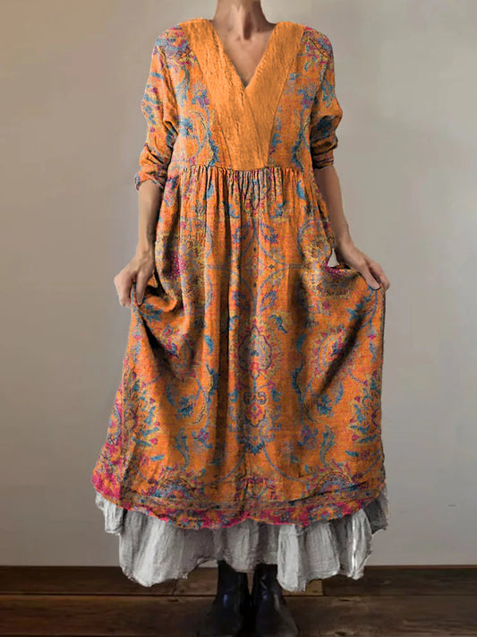 Women's Bohemian Ethnic Art Pattern Print V-Neck Pocket Cotton Dress