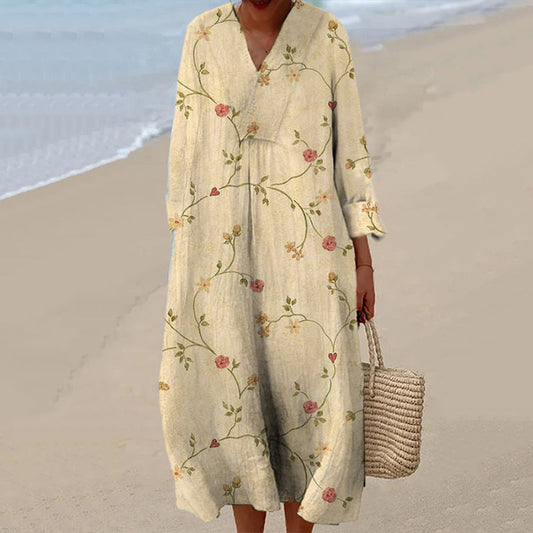 Vintage Floral Art Cotton Linen Comfy Maxi Dress artswardrobe