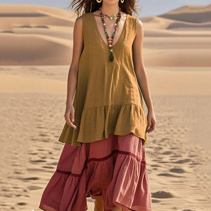 Women's Retro Casual Stitching Contrast Color Linen Sleeveless Dress artswardrobe