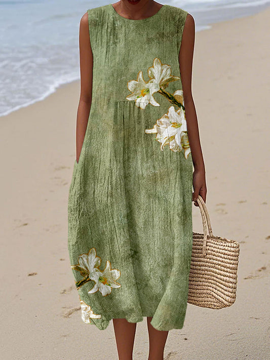 Vintage Lilies Art Pattern Comfy Linen Tank Dress artswardrobe