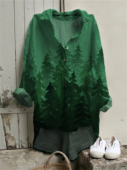 Comstylish Foggy Forest Watercolor Art Linen Blend High Low Tunic