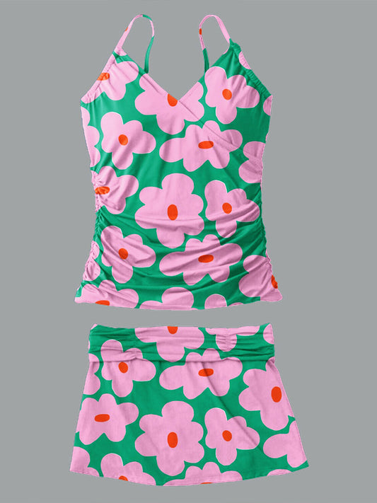 V-Neck Vintage Flowers Print Suspender Skirt Tankini Pantskirt Set Swimsuit