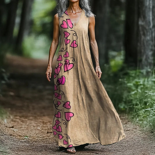 Women's Vintage Heart Art Print V-neck Tank Midi Dress artswardrobe