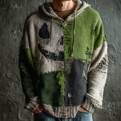 Men's Halloween Pumpkin Face Colorblock Stitched Cozy Knit Hooded Sweater artswardrobe