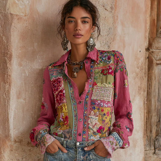 Women's Vintage Bohemian Floral Embroidery Patchwork Art Shirt