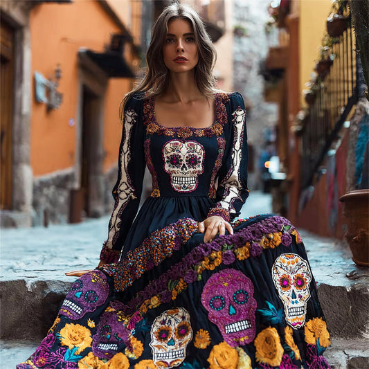 Comstylish Mexican Skull Floral Embroidered Women's Long-sleeved Flowing Maxi Dress