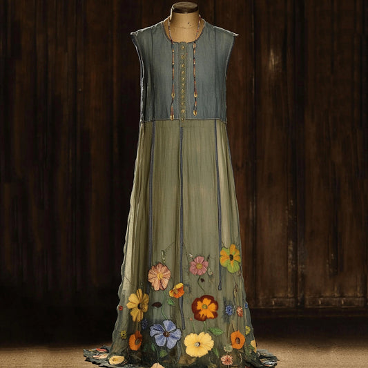 Vintage Denim Blue Chiffon Violet Embroidery Sleeveless Dress artswardrobe