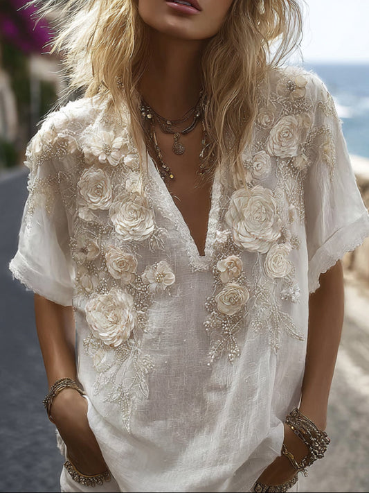 Ladies' Floral V-neck Vintage White Linen Short-sleeved Shirt artswardrobe