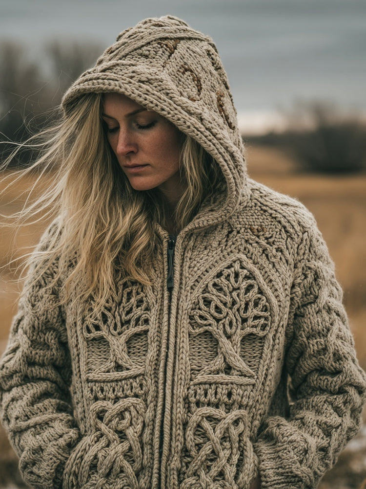 Vintage Viking Inspired Tree Of Life Knit Hooded Cardigan artswardrobe