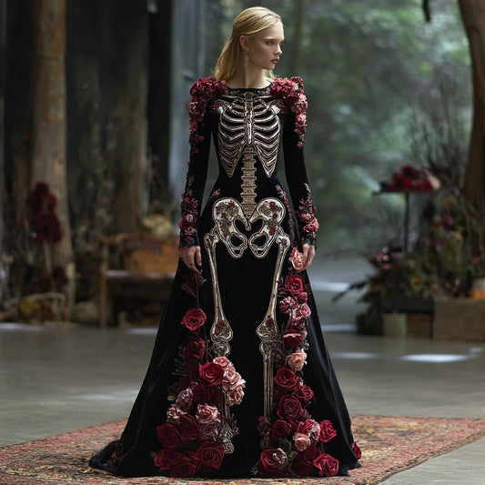 Comstylish Women's Vintage Rose Skeleton Romantic Classic Velvet Maxi Dress